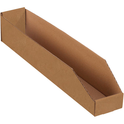 Industrial-grade ECT-32 corrugated kraft bin boxes designed for fast, tape-free assembly. These 4x24x4.5" open-top bins provide economical parts organization and shelf storage for warehouses and manufacturing floors. Sold as a bundle of 50 boxes.