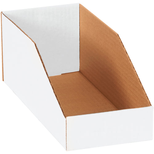 Heavy-duty white corrugated bin boxes designed for warehouse and shelf storage organization. Each box measures 5x12x4.5