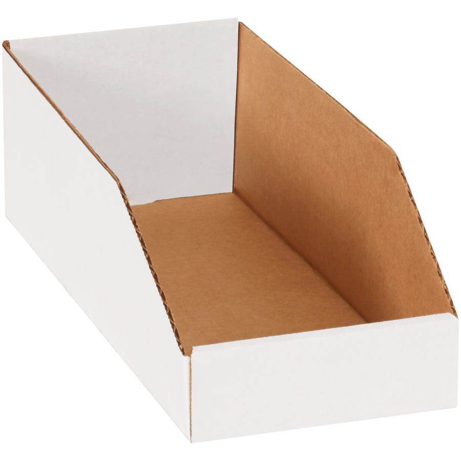 Organize your warehouse or work area efficiently with this 50-pack bundle of white corrugated bin boxes. Built from sturdy ECT-32-B material, these 6x15x4.5" open-top bins assemble quickly and provide ample label space to identify contents. Perfect for parts storage, shelf organization, and warehouse bin systems.