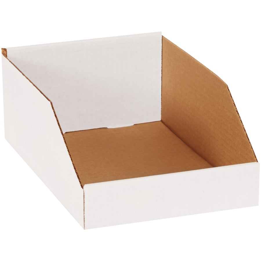Heavy-duty white corrugated bin boxes measuring 8x12x4.5" with ECT-32-B strength for reliable warehouse storage and parts organization. Each bundle includes 50 boxes, ready to assemble with ample front panel space for content labeling. Built for industrial use‚cost-effective shelf storage that meets shipping compliance standards.