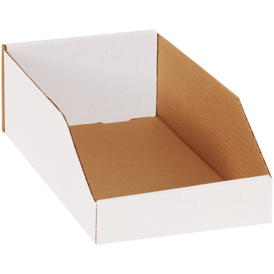 Professional-grade white corrugated bin boxes built from durable ECT-32-B material for maximum shelf stability and organization. Each 8x15x4.5" box features a large front panel for clear content identification and assembles in seconds. Sold as a convenient bundle of 50 to equip your entire work area or warehouse.