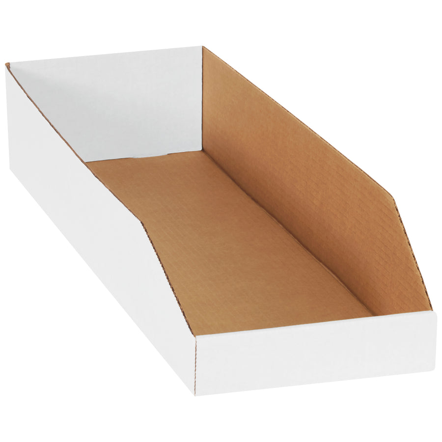 Heavy-duty white corrugated bin boxes built for warehouse organization and parts storage. These 8x24x4.5" open-top bins feature ECT-32-B strength, ample label space, and tool-free assembly. Sold as a convenient 50-pack bundle.