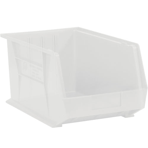 Maximize warehouse and shelf space with these durable clear plastic stack & hang bins. Each case includes 24 units with flat front panels ready for labeling, and stackable design that reduces footprint. Perfect for organizing small parts, components, and inventory in manufacturing, medical, and retail operations.