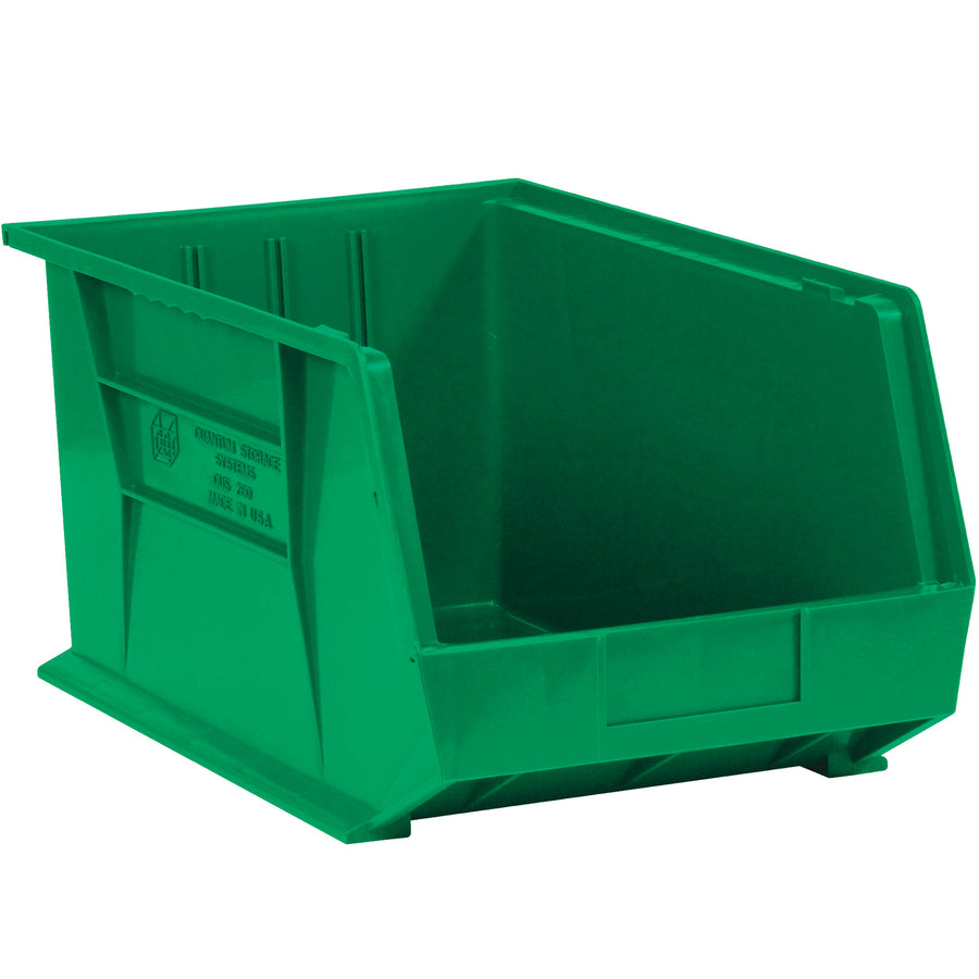 Store and organize small parts efficiently with these durable green plastic bin boxes. Features a flat front panel for easy labeling, stackable design to maximize shelf space, and dimensions of 5 3/8" x 4 1/8" x 3". Sold by the case of 24 individual bins for cost-effective bulk ordering.