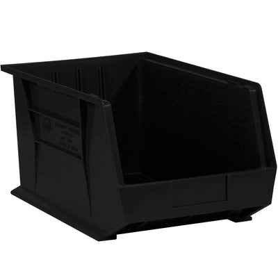 Store small parts and components efficiently with these durable plastic stack and hang bins. Each case contains 24 black bins featuring a flat front panel for easy labeling and stackable design that maximizes shelf space. Inside dimensions measure 4 3/4" x 3 7/16" x 2 13/16", ideal for organized parts storage and shelving systems.