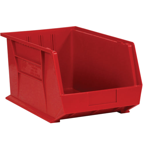 Store and organize small parts and components efficiently with these durable red plastic bin boxes. Features a flat front panel for easy labeling, stackable design to maximize shelf space, and reliable construction built for industrial warehouse use. Sold as a case of 24 units.
