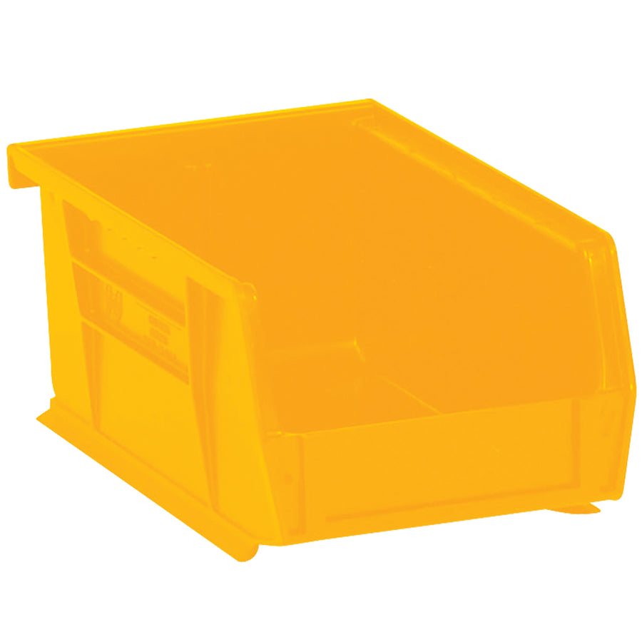 Store and organize small parts efficiently with these durable yellow plastic stack & hang bins. Each case includes 24 bins with flat front panels perfect for labeling, stackable design to maximize shelf space, and compatible with optional bin dividers and label holders for complete organization solutions.