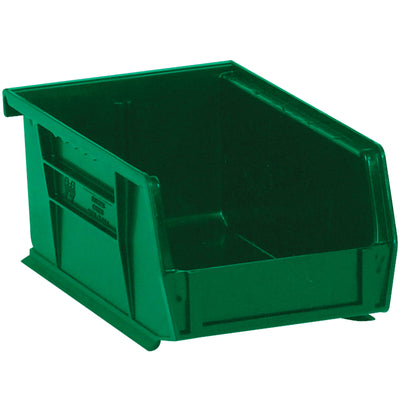 Space-efficient green plastic bins designed for small parts, components, and inventory organization. Features stackable construction, flat front panel for easy labeling, and hang capability. Sold as a case of 12 individual bins with 8.5x5.125x4.5" interior dimensions‚perfect for shelving systems up to 9.25" wide.