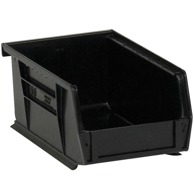 Store and organize small parts with maximum efficiency using these durable black plastic stack & hang bins. Features a flat front panel for easy labeling, stackable design to save shelf space, and inside dimensions of 8.5x5.125x4.5". Sold as a case of 12 individual bins.
