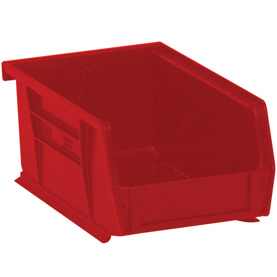 Space-saving red plastic bin boxes designed for parts organization and efficient warehouse storage. Each case includes 12 stackable bins with 8.5x5.125x4.5" interior dimensions and a flat front panel for easy labeling. Ships ready to use–no assembly required.