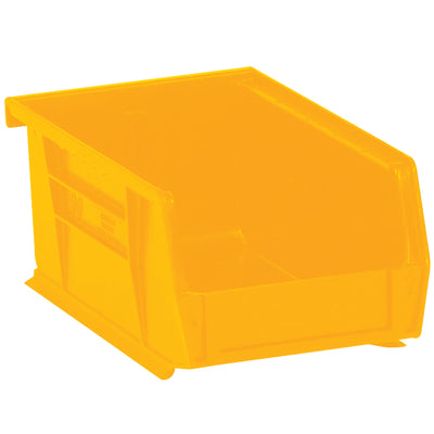 Maximize warehouse efficiency with these durable yellow plastic stack and hang bin boxes. Each case includes 12 stackable bins (9.25" x 6" x 5") featuring a flat front panel for easy labeling and hanging capability. Perfect for parts organization, medical supplies, and small component storage while saving valuable shelf space.