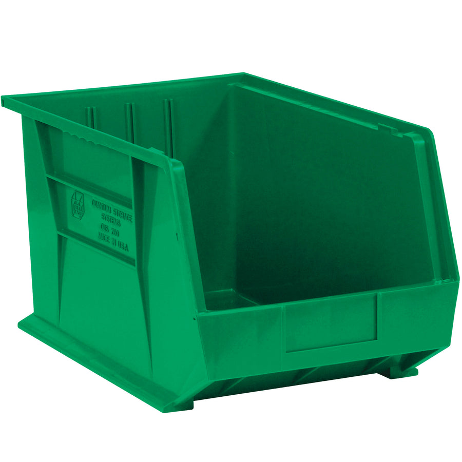 Save floor space with these stackable green plastic bin boxes designed for small parts and component organization. Each case includes 6 durable plastic stack and hang bins with flat front panels for easy labeling. Inside dimensions 10" x 6 9/16" x 6 3/4" fit standard 10 3/4" shelf sizes.
