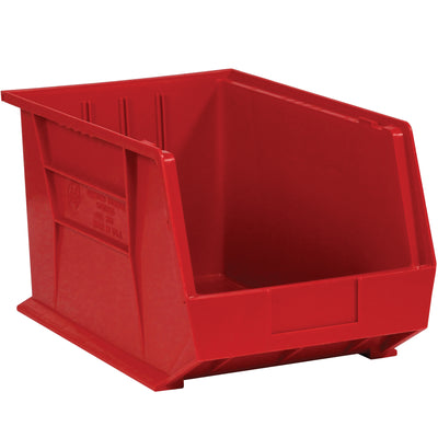 Maximize your warehouse space with these durable red plastic stack and hang bin boxes sized 10 3/4" x 8 1/4" x 7". Each case of 6 features a flat front panel for easy labeling and stackable design that keeps small parts and components organized without consuming valuable shelf real estate.