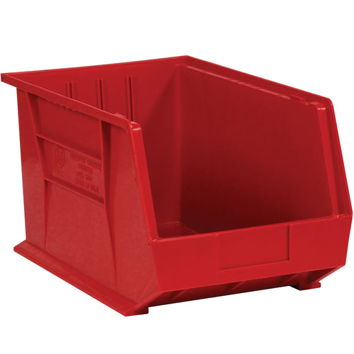 Maximize your warehouse space with these durable red plastic stack and hang bin boxes sized 10 3/4