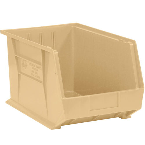 Save floor space and organize small parts efficiently with these durable ivory plastic stack and hang bin boxes. Featuring a flat front panel for easy labeling, these stackable bins maximize shelf storage and fit standard 10 3/4