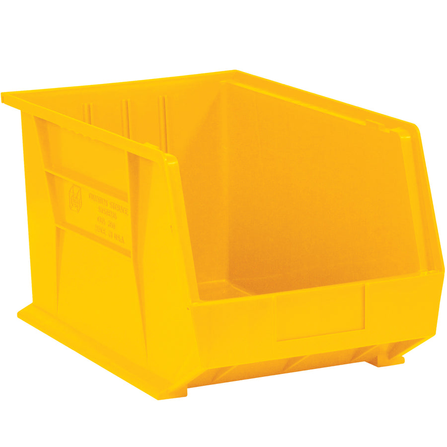 Store and organize small parts efficiently with these durable yellow plastic stack & hang bin boxes. Each case includes 6 stackable bins (10 3/4" x 8 1/4" x 7") featuring a flat front panel for easy labeling and compatibility with optional bin dividers and label holders.