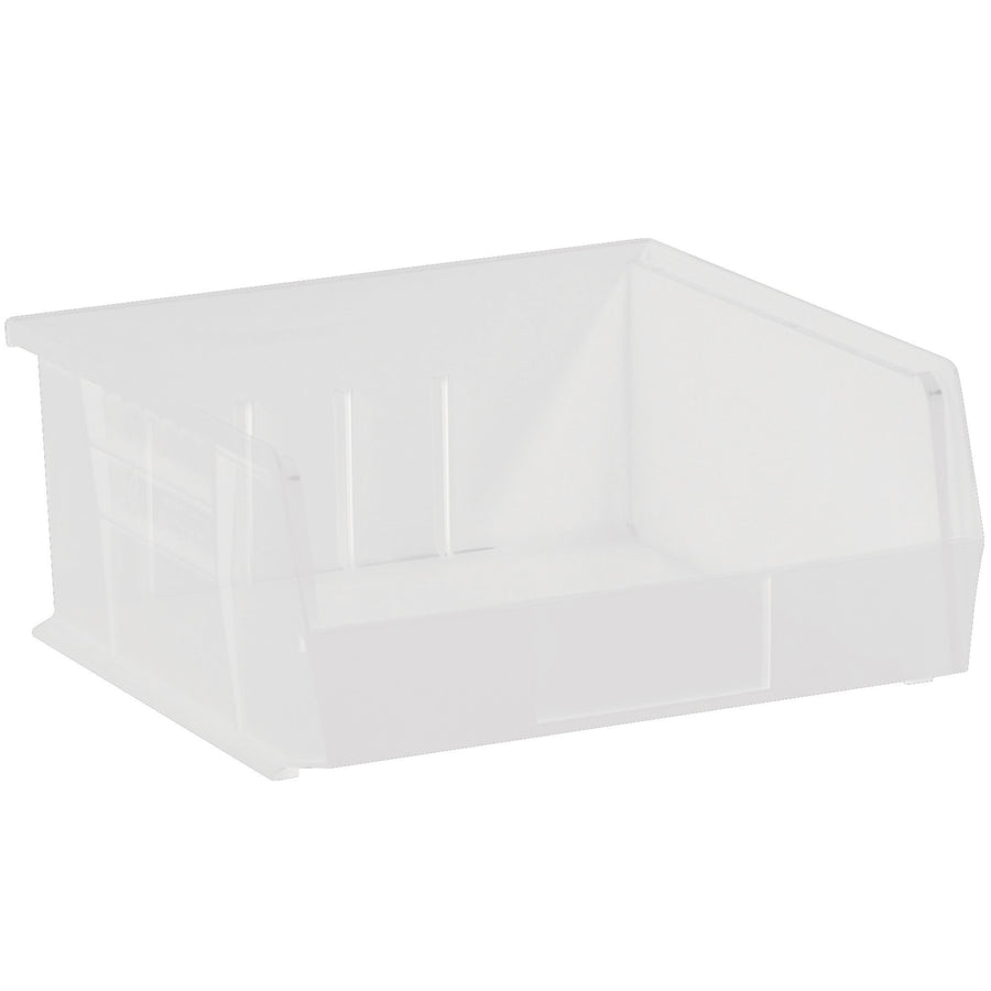 Store small parts and components efficiently with these 10 7/8" x 11" x 5" clear plastic stack and hang bin boxes. Built from durable plastic construction with a flat front panel for easy labeling and stackable design to maximize warehouse and shelf space. Sold by the case of 6 bins.
