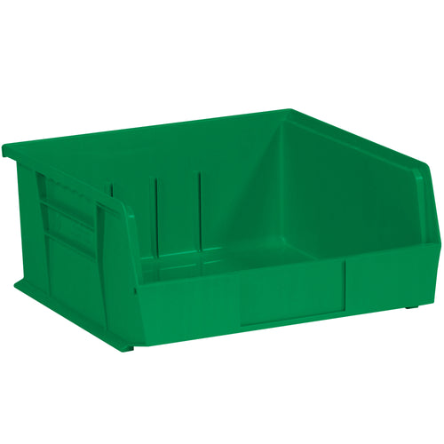 Organize and protect small parts with these durable green plastic bin boxes that stack vertically to maximize shelf storage. Featuring a flat front panel for easy labeling and available in cases of 6, these stackable storage bins deliver cost-efficient parts organization for industrial facilities. Inside dimensions 10 1/4 x 10 x 4 3/4