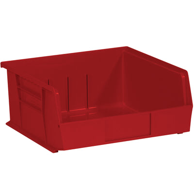 Heavy-duty red plastic stack and hang bin boxes designed for efficient parts organization and space-saving storage. Each case includes 6 bins with flat front panels for easy labeling, inside dimensions of 10 1/4 x 10 x 4 3/4", and stackable design to maximize your shelf utilization.