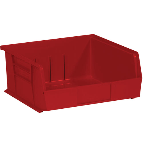 Heavy-duty red plastic stack and hang bin boxes designed for efficient parts organization and space-saving storage. Each case includes 6 bins with flat front panels for easy labeling, inside dimensions of 10 1/4 x 10 x 4 3/4