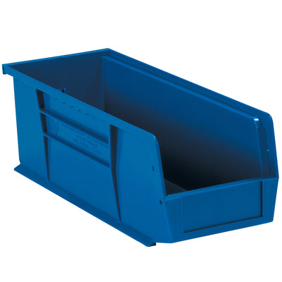 Space-saving blue plastic bin boxes designed for industrial parts organization and small component storage. Stackable design with flat front panel for easy labeling; durable construction withstands warehouse and shelf environments. Sold by the case (12 units).