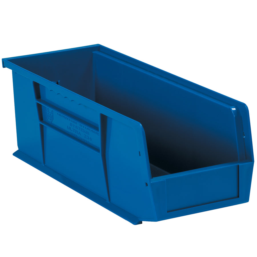 Space-saving blue plastic bin boxes designed for industrial parts organization and small component storage. Stackable design with flat front panel for easy labeling; durable construction withstands warehouse and shelf environments. Sold by the case (12 units).