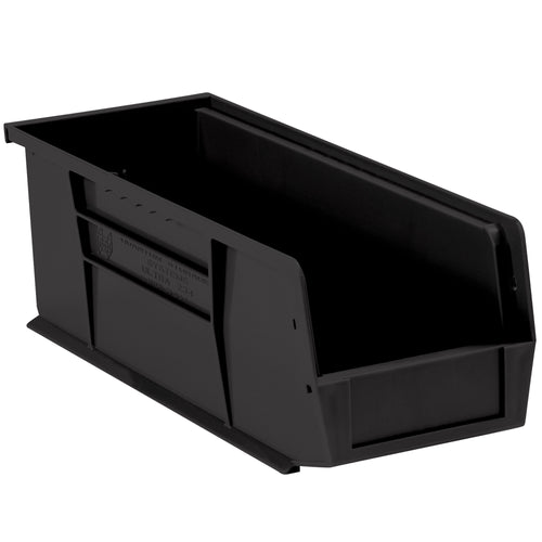 Space-saving black plastic stack and hang bin boxes designed for industrial parts storage and organization. Features a flat front panel for easy labeling, stackable construction, and durable plastic build‚ship 12 bins per case. Ideal for shelving systems and compact workspace solutions.