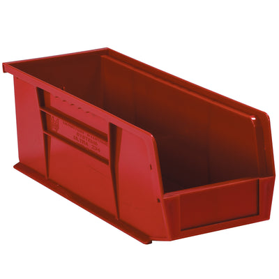 Store and organize small parts efficiently with these durable red plastic stack and hang bin boxes. Each case includes 12 stackable bins with flat front panels perfect for labeling and color-coded identification. Maximize your shelving space while maintaining easy access to components and inventory.