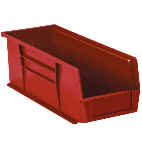 Store and organize small parts efficiently with these durable red plastic stack and hang bin boxes. Each case includes 12 stackable bins with flat front panels perfect for labeling and color-coded identification. Maximize your shelving space while maintaining easy access to components and inventory.