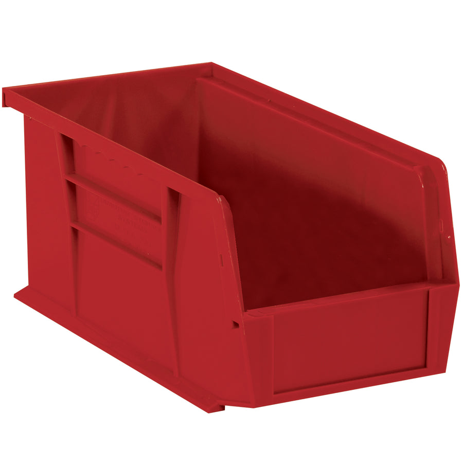 Save floor space with durable red plastic stack and hang bin boxes designed for efficient parts organization and storage. These stackable, open-top plastic bins feature a flat front panel for easy labeling and fit standard 10 7/8" shelves. Sold by the case of 12 individual bins.