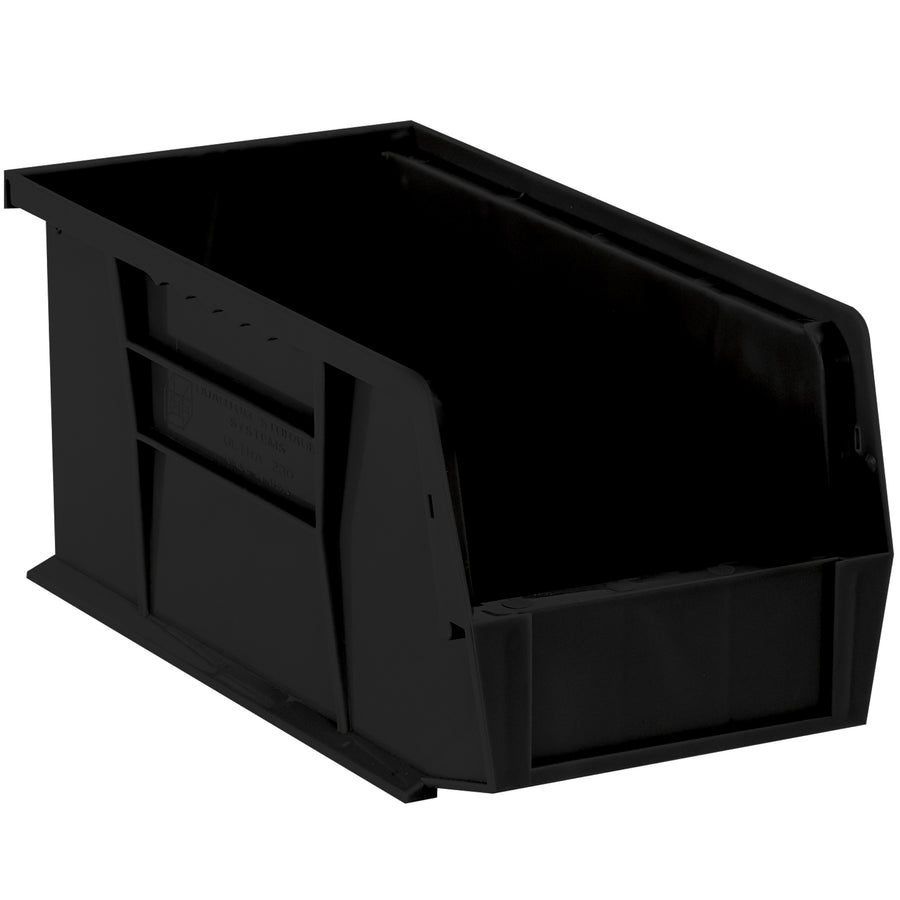 Save floor space with these multi-functional black plastic stack and hang bin boxes measuring 14 3/4" x 8 1/4" x 7". Each case includes 12 durable bins featuring a flat front panel for easy labeling and stackable design for maximum warehouse efficiency. Ideal for organizing small parts, components, and medical supplies.