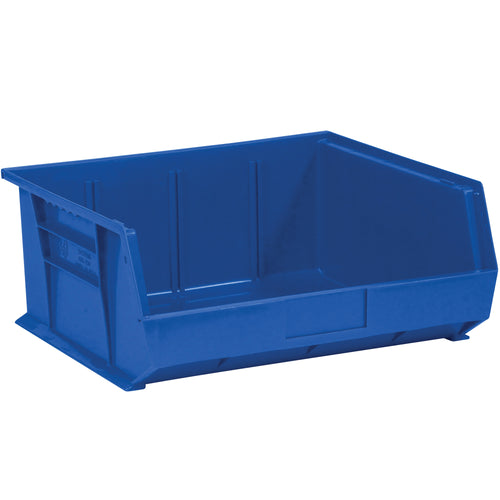 Space-saving blue plastic stack & hang bins perfect for organizing small parts and components on shelves. Durable construction with flat front panel for easy labeling and stable stacking design. Sold as a case of 6 bins.