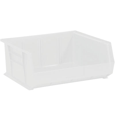Industrial-grade clear plastic bin boxes designed for efficient parts storage and organization. Features stackable construction, flat front labeling panel, and dimensions of 14.75" x 16.5" x 7" (inside: 14" x 14.75" x 6.75"). Sold by the case of 6 for maximum value and shelf compatibility.
