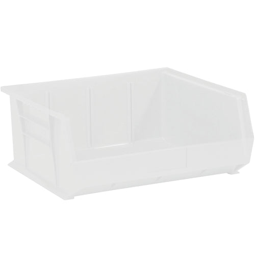 Industrial-grade clear plastic bin boxes designed for efficient parts storage and organization. Features stackable construction, flat front labeling panel, and dimensions of 14.75