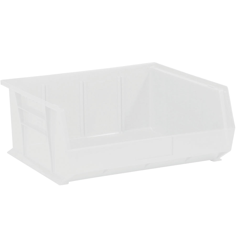 Industrial-grade clear plastic bin boxes designed for efficient parts storage and organization. Features stackable construction, flat front labeling panel, and dimensions of 14.75" x 16.5" x 7" (inside: 14" x 14.75" x 6.75"). Sold by the case of 6 for maximum value and shelf compatibility.