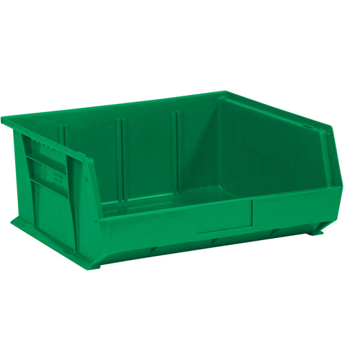 Maximize warehouse and shelf space with these stackable green plastic bins designed for small parts organization. Each case includes 6 durable plastic bin boxes featuring a flat front panel for easy labeling and compatible with bin dividers and organizers. Inside dimensions: 14x14.75x6.75