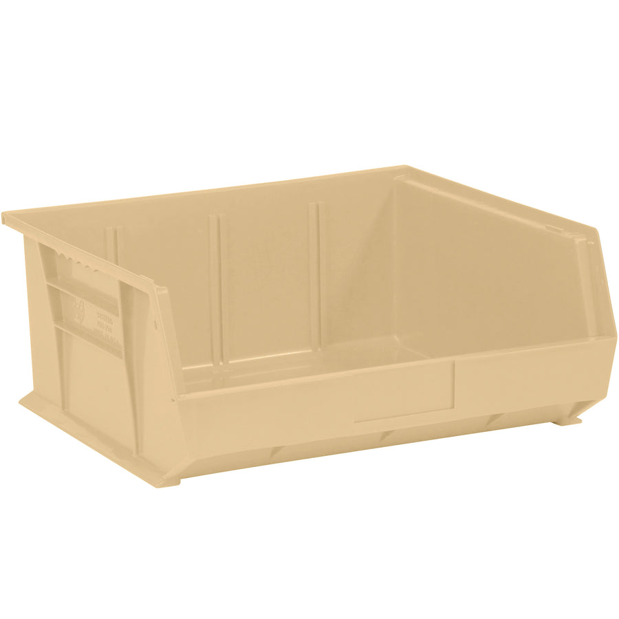 Space-efficient plastic bin boxes perfect for organizing small parts and components in warehouses, shops, and medical facilities. These durable ivory bins feature a flat front panel for easy labeling, stack securely to maximize shelf storage, and come in a case of 6 units. Inside dimensions: 14x14.75x6.75" with fits standard 14.75" shelving.