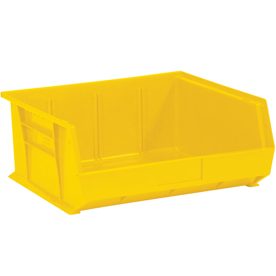 Maximize warehouse efficiency with these durable yellow plastic stack & hang bin boxes. The flat front panel provides easy labeling, while stackable construction saves valuable shelf space. Case of 6 bins fits standard 14.75" shelves‚ideal for small parts organization and medical inventory management.