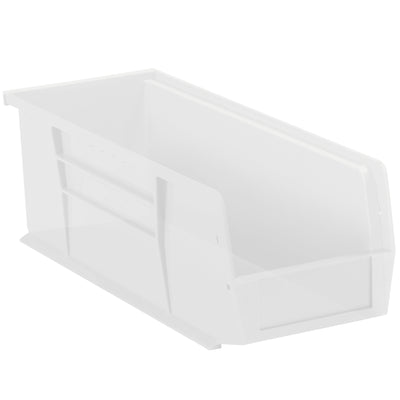 Space-saving clear plastic bin boxes designed for small parts and component storage in manufacturing, medical, and retail environments. These durable stackable bins feature a flat front panel for easy labeling and fit standard 14 3/4" shelving. Sold by the case of 12 units.
