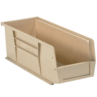 Maximize warehouse and shelf space with these durable plastic stack and hang bin boxes. Featuring a flat front panel for easy labeling and label holder compatibility, these 14 3/4" x 5 1/2" x 5" ivory bins stack securely and hang efficiently. Sold by the case of 12 for cost-effective small parts organization.