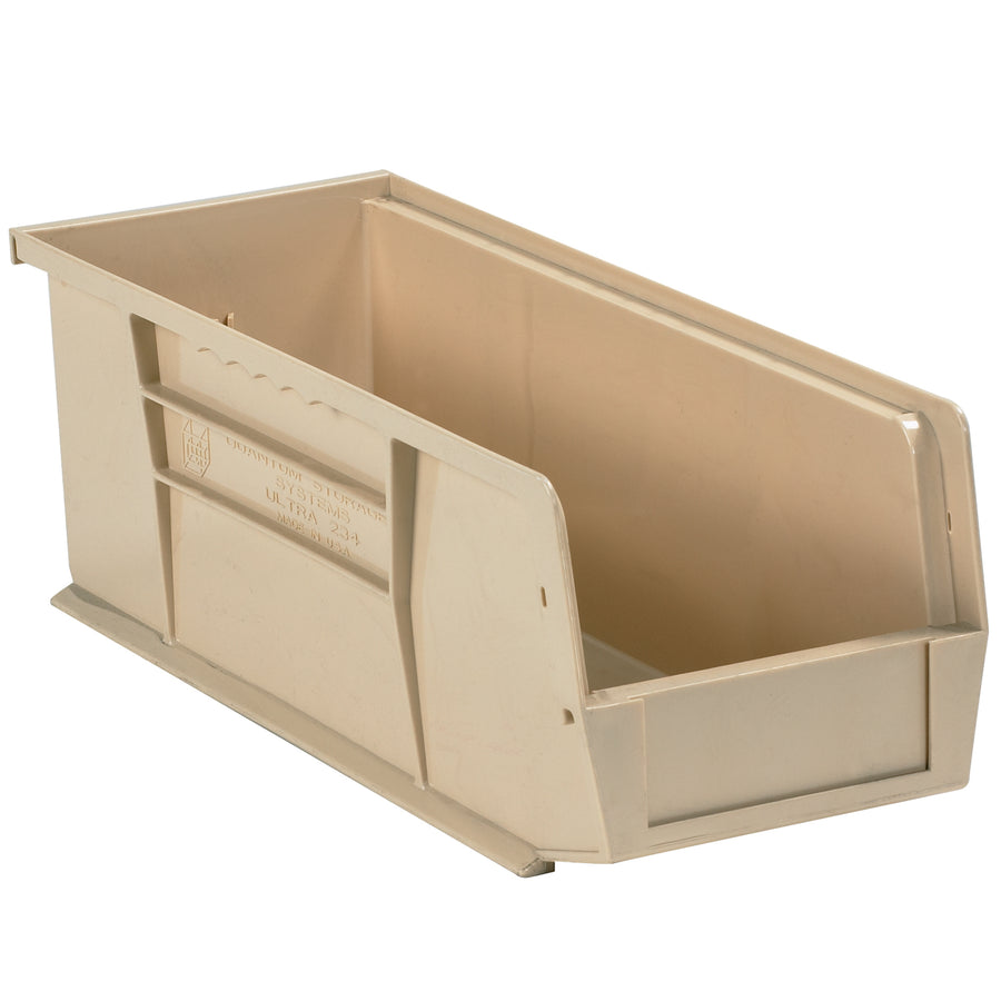 Maximize warehouse and shelf space with these durable plastic stack and hang bin boxes. Featuring a flat front panel for easy labeling and label holder compatibility, these 14 3/4" x 5 1/2" x 5" ivory bins stack securely and hang efficiently. Sold by the case of 12 for cost-effective small parts organization.