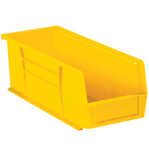 Space-efficient yellow plastic bin boxes with stackable design and flat front panel for easy labeling. Ideal for small parts organization, medical components, and industrial storage. Each case includes 12 durable bins with interior dimensions of 14 1/16