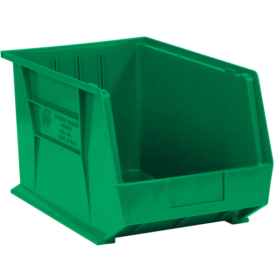 Store small parts efficiently with these durable green plastic stack and hang bin boxes. Built for industrial durability with a flat front panel for easy labeling, these stackable plastic bins maximize shelf space while keeping components organized and accessible. Sold as a case of 4.
