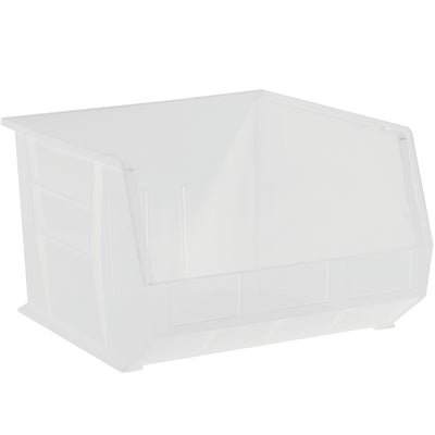 Maximize warehouse and shelf space with these durable 18"x16.5"x11" clear plastic stack and hang bins. Featuring a flat front panel for easy labeling and stackable design, this case of 3 bins provides flexible storage for small parts, components, and inventory organization. Built for industrial durability and shipping compliance.