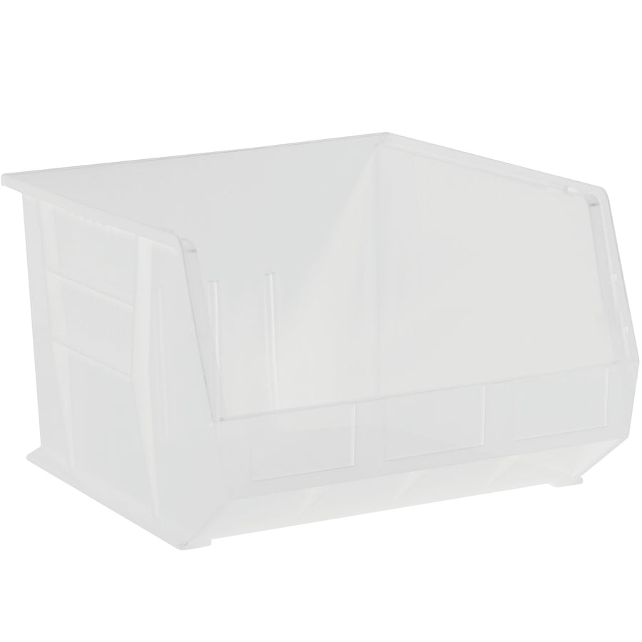 Maximize warehouse and shelf space with these durable 18"x16.5"x11" clear plastic stack and hang bins. Featuring a flat front panel for easy labeling and stackable design, this case of 3 bins provides flexible storage for small parts, components, and inventory organization. Built for industrial durability and shipping compliance.