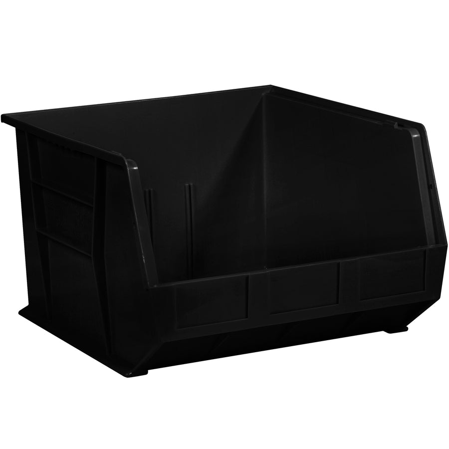 Maximize warehouse and shelf space with these durable black plastic stack and hang bin boxes (18" x 16.5" x 11"). Each case includes 3 units featuring a flat front panel for easy labeling, stackable construction, and compatibility with optional bin dividers and label holders. Perfect for industrial parts organization and small component storage.