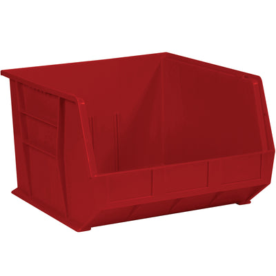 Space-efficient storage solution for small parts and components. These 18x16.5x11" red plastic bin boxes feature a flat front panel for easy labeling and stack securely to maximize warehouse floor space. Sold by the case (3 bins) with durable construction designed for demanding industrial environments.