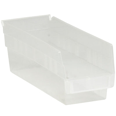 Transparent polypropylene shelf bins with integrated label holder and rear hanglock for effortless parts organization and identification. Durable, nestable design maximizes warehouse space while providing instant visibility to stored contents. Case of 36 bins sized 11 5/8" x 4 1/8" x 4".