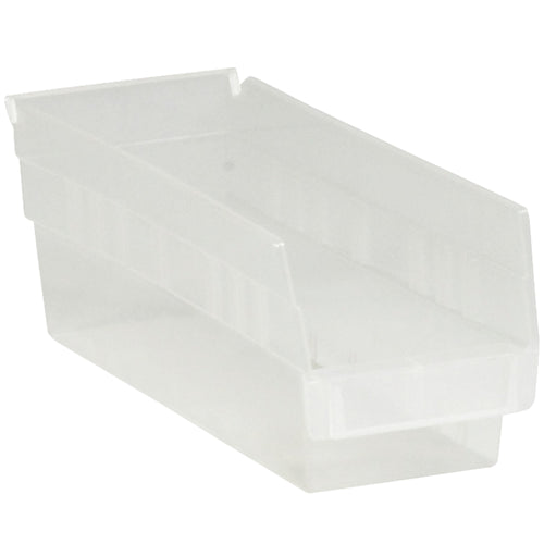 Transparent polypropylene shelf bins with integrated label holder and rear hanglock for effortless parts organization and identification. Durable, nestable design maximizes warehouse space while providing instant visibility to stored contents. Case of 36 bins sized 11 5/8