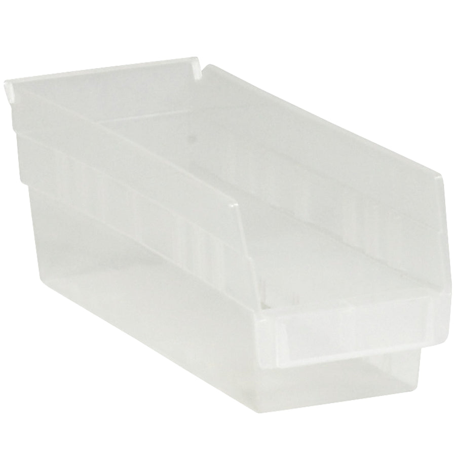 Transparent polypropylene shelf bins with integrated label holder and rear hanglock for effortless parts organization and identification. Durable, nestable design maximizes warehouse space while providing instant visibility to stored contents. Case of 36 bins sized 11 5/8" x 4 1/8" x 4".